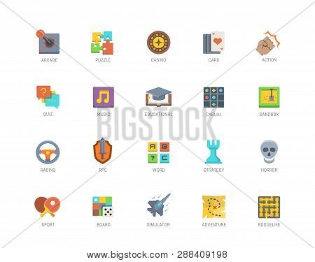 Video Game Genres Vector Icons Set In Flat Design Style