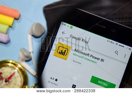 Bekasi, West Java, Indonesia. March 12, 2019 : Microsoft Power Bi Dev App With Magnifying On Smartph