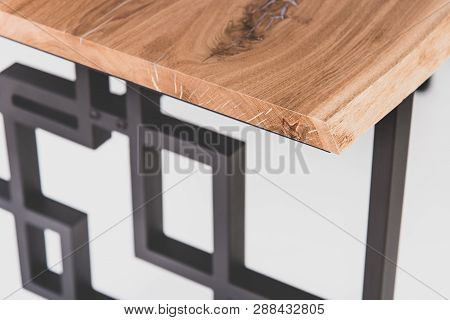 Loft Style Table: Oak Cover, Metal Base In Matte Black Color, Angle View. Custom Furniture Manufactu