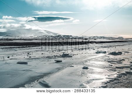 Beautiful Highland Iceland Blue Lake Near Hekla Among Snow Mountains.