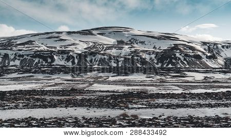 Beautiful Highland Iceland Blue Lake Near Hekla Among Snow Mountains.