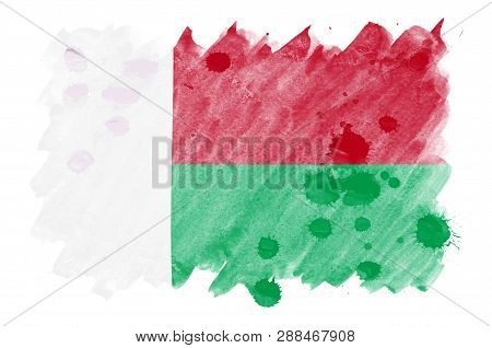 Madagascar Flag  Is Depicted In Liquid Watercolor Style Isolated On White Background
