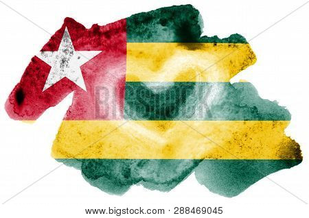 Togo Flag  Is Depicted In Liquid Watercolor Style Isolated On White Background