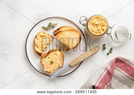 Chicken Pate With Carrots On Toast Bread, Delicious Spread For Breakfast. Healthy Food, Vegetable Sn