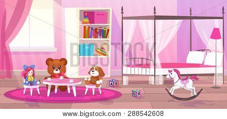 Bed Room Girl. Child Bedroom Interior Girls Apartment Toys Girly Storage Decor Furniture Kid Playroo