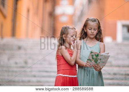 Happy Toodler Kids Enjoy Italian Vacation Holiday In Europe.