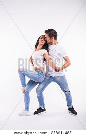 Passionate Couple Dancing Social Danse Kizomba Or Bachata Or Semba Or Taraxia On White Background