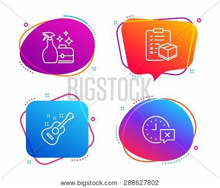 Parcel Checklist, Cleanser Spray And Guitar Icons Simple Set. Time Sign. Logistics Check, Washing Li