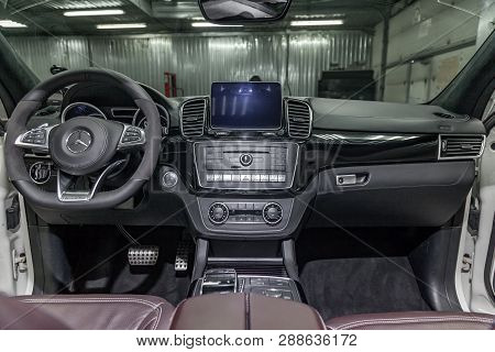 Novosibirsk, Russia - 08.01.18: Interior View With Steering Wheel And Dashboard Of Luxury Very Expen