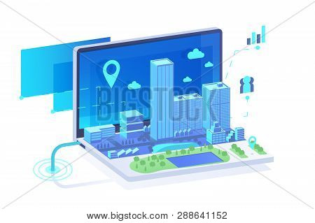 Isometric 3d Mobile City In Laptop With Point, Park, Graph, Lake, Skyscrapers. Concept Modern Urban 