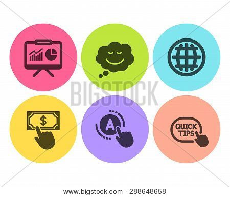 Payment Click, Ab Testing And Globe Icons Simple Set. Speech Bubble, Presentation And Quick Tips Sig