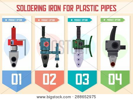 Power Tools For Plumbing Works Flat Vector Web Banner. Different Models Of Plastic Pipe Soldering Ir