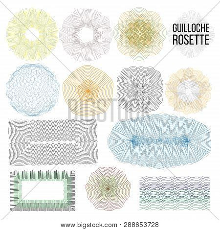 Guilloche Rosette Set Vector. Vintage Certificate Background. Guilloche Watermark. Border Frame. Rou