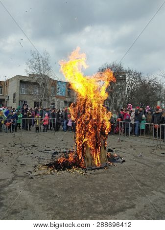 Kramatorsk, Ukraine - 10h March, 2019: People Celebraites The Maslenitsa, Eastern Slavs Holiday. Mas