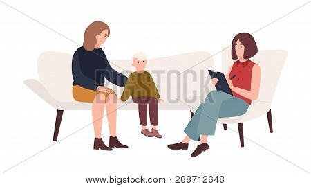 Conversation Between Mother, Child And Female Psychologist Or Psychotherapist. Family Psychotherapy,