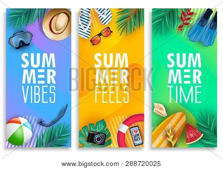 Colorful Summer Vertical Banner Set With Bright Vivid Gradient Background And Tropical Elements Like
