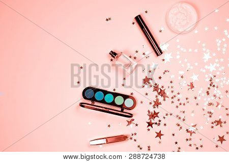 Fletley With Makeup And Glittering Stars. Photo Coral Color With An Emphasis On Green Shadows. Coral