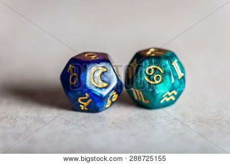 Astrology Dice With Zodiac Symbol Of Cancer Jun 21 - Jul 22 And Its Ruling Celestial Body The Moon