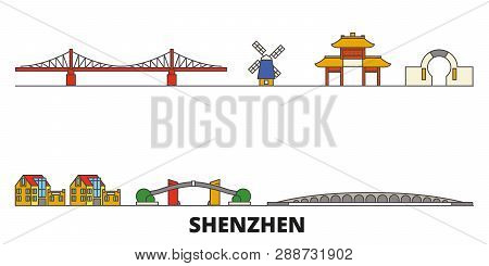 China, Shenzhen Flat Landmarks Vector Illustration. China, Shenzhen Line City With Famous Travel Sig