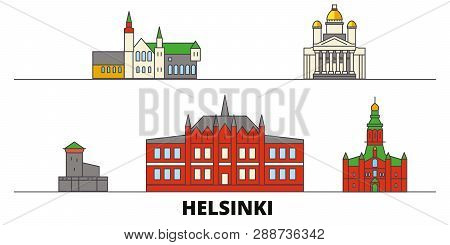 Finland, Helsinki Flat Landmarks Vector Illustration. Finland, Helsinki Line City With Famous Travel