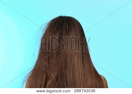 Woman Before And After Hair Treatment On Color Background