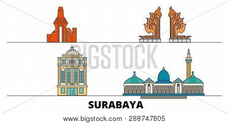 Indonesia, Surabaya Flat Landmarks Vector Illustration. Indonesia, Surabaya Line City With Famous Tr
