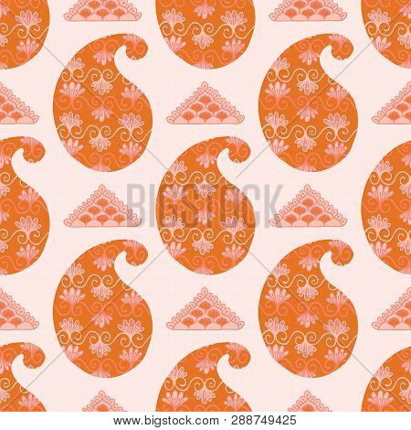 Hand Drawn Coral Paisley Motif Illustration. Seamless Vector Pattern All Over Print