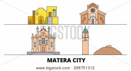 Italy, Matera City Flat Landmarks Vector Illustration. Italy, Matera City Line City With Famous Trav