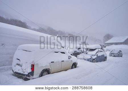 Car Park At Hakkoda Ropeway In Mount Tamoyachi With Snowy Time At Aomori, Japan.