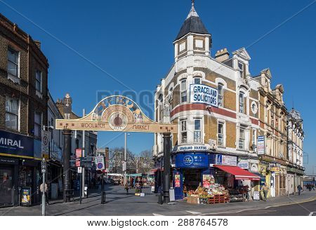 London, England - 26 February 2019: Entrance Sign To Woolwich Market Near Woolwich Arsenal Dlr Stati