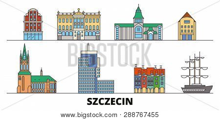Poland, Szczecin Flat Landmarks Vector Illustration. Poland, Szczecin Line City With Famous Travel S
