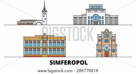 Russia, Simferopol Flat Landmarks Vector Illustration. Russia, Simferopol Line City With Famous Trav