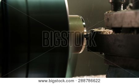 Facing Operation Of A Brass Blank On Turning Machine With Cutting Tool.old Turning Lathe Machine In 