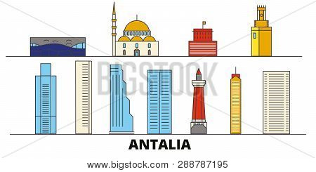 Turkey, Antalia Flat Landmarks Vector Illustration. Turkey, Antalia Line City With Famous Travel Sig