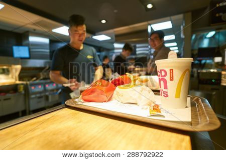 HONG KONG, CHINA - CIRCA FEBRUARY, 2019: food served on tray at McDonald's restaurant in Hong Kong. 