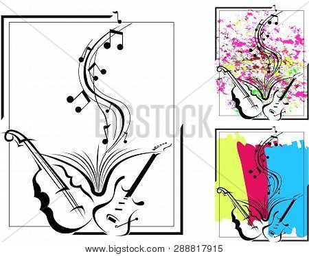 Vector Illustration In Musical Style Using Notes And Instruments.