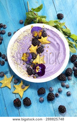 Healthy Homemade Raw Vegan Banana And Berry Ice Cream (icecream, Nicecream) Topped With Organic Blac