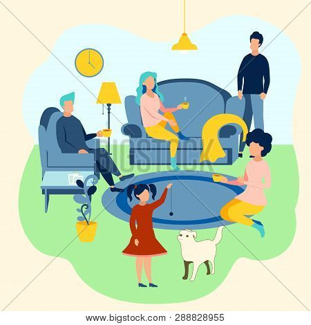 Family Atmosphere. Home Furnishings, Family Assembled. In Minimalist Style. Cartoon Flat Vector