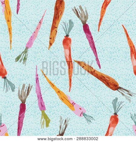 Hand Painted Watercolor Carrots On Textured Blue Background Seamless Pattern.