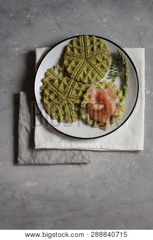 Plate With Spinach Waffles And Smoked Salmon