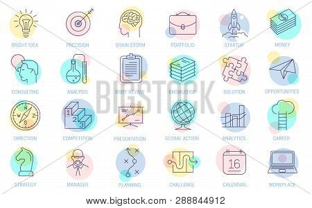 Thin Line Vector Business Process Icon Set. Flat Design Organization, Management And Marketing Strat