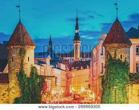 Tallinn, Estonia. Night View Of Viru Gate - Part Old Town Architecture Estonian Capital. Famous Land