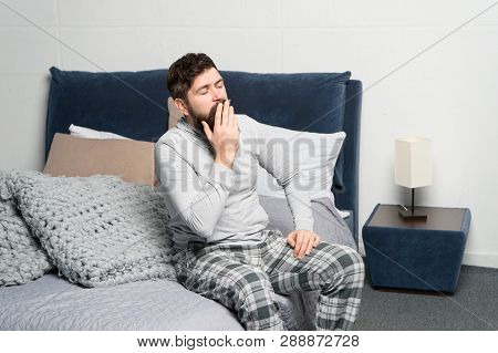 Get Up Early. Tips For Waking Up Early. Man Bearded Hipster Sleepy Face Waking Up Bedroom Interior. 