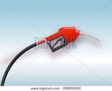 Fueling Gasoline Or Diesel Vector Web Banner. Fuel Nozzle On Hose Of Gas, Ethanol Or Biodiesel, Line