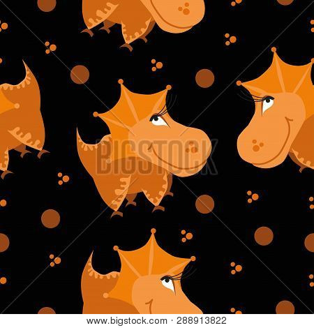 Seamless Dinosaur Pattern. Animal Black Background With Orange Dino. Vector Illustration.