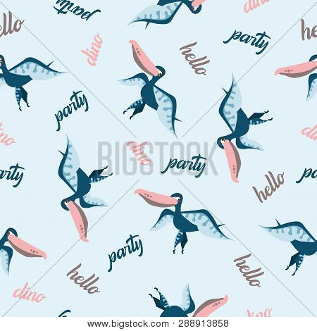 Seamless Dinosaur Pattern. Animal Blue Background With Fly Blue Dino. Vector Illustration.
