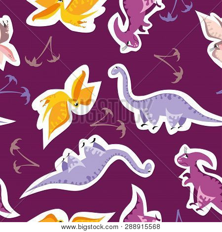 Seamless Dinosaur Pattern. Animal Dark Pink Background With Colorful Dino. Vector Illustration.