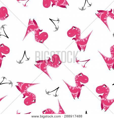 Seamless Dinosaur Pattern. Animal White Background With Pink Dino. Vector Illustration.