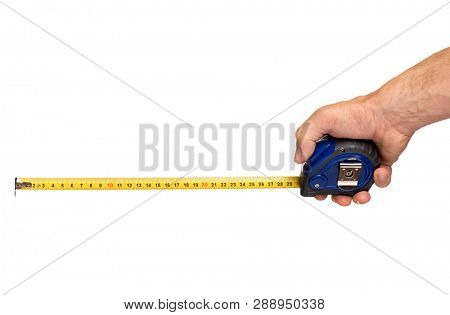 Male Hand with Tape-measure. Human Hand holding Tape measure, Isolated on White Background. 