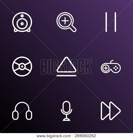 Music Icons Line Style Set With Microphone, Eject, Web Cam And Other Next Elements. Isolated Vector 